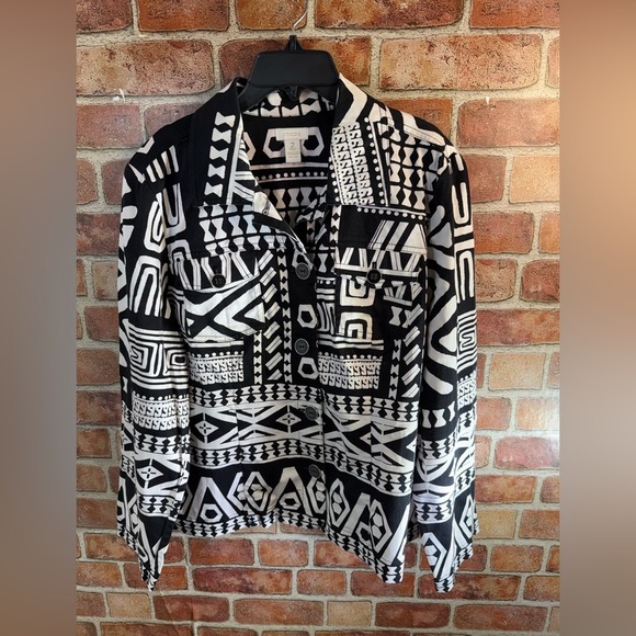 Chico's Jackets & Blazers - Chico's Alphia Aztec print Black and White Geometric Print Jacket sz 2